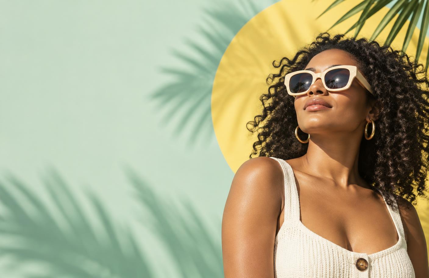 Woman in sunglasses against a mint and butter-yellow backdrop